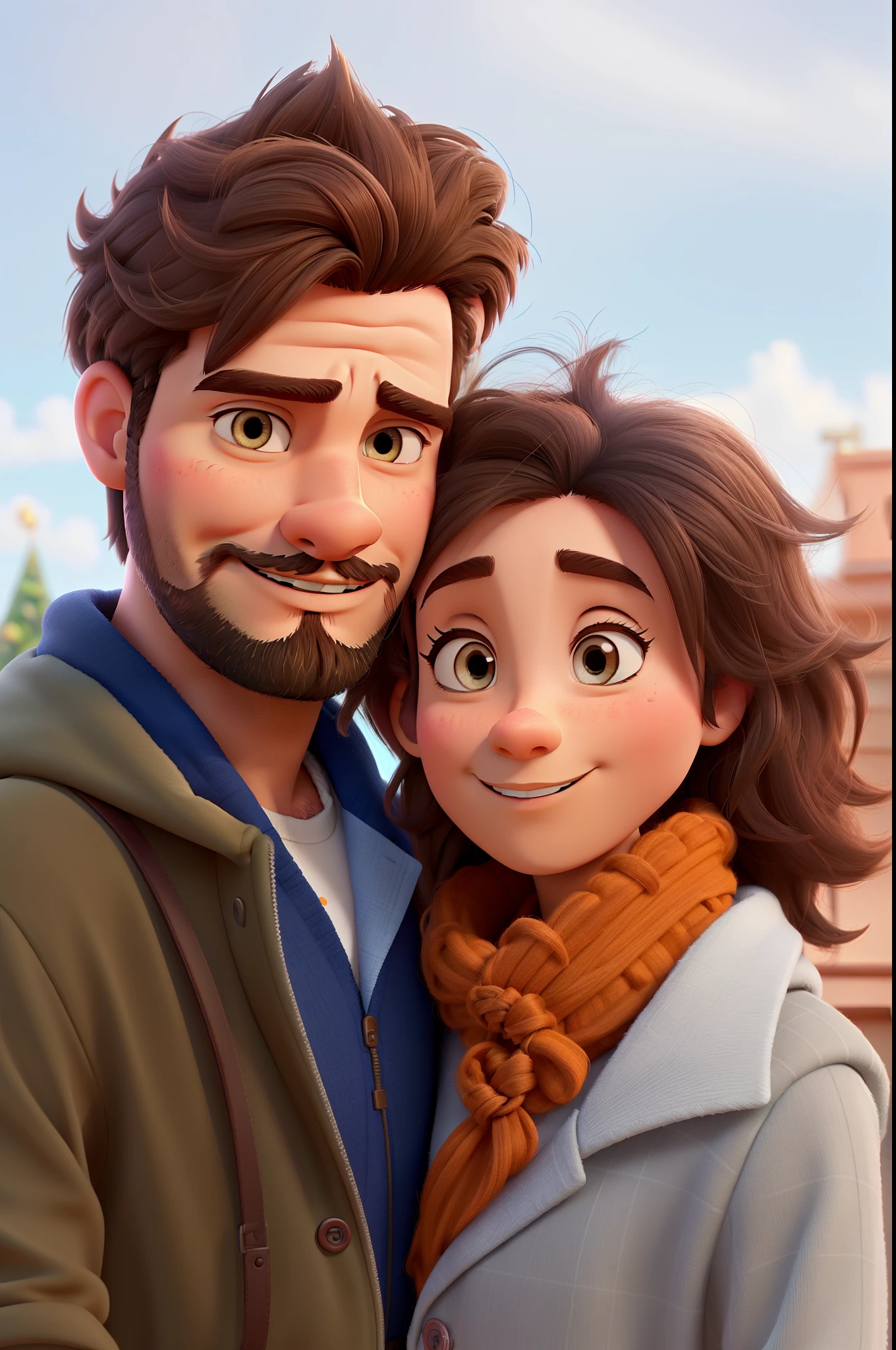 couple man with small beard and woman in Disney Pixar style, high quality, best quality