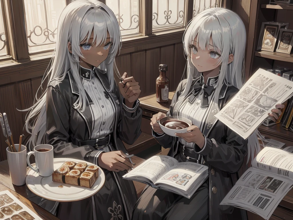 (best art, master piece, best quality,good light,illustration:1.5),(dark gray skin, silver gray long hair, droopy eyes, holding a mug with hot chocolate:1.2)steam train theme, silver theme, bronze theme, gold theme,1girl,solo,underage,solo,  small breasts ,poker face, an unnoticeable smile, perfect detail hands, perfect detail fingers,