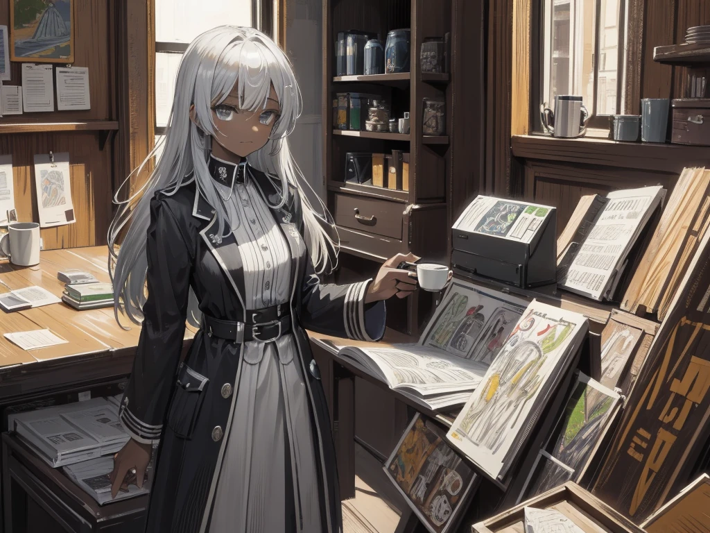 (best art, master piece, best quality,good light,illustration:1.5),(dark gray skin, silver gray long hair, droopy eyes, holding a mug with hot chocolate:1.2)steam train theme, silver theme, bronze theme, gold theme,1girl,solo,underage,solo,  small breasts ,poker face, an unnoticeable smile, perfect detail hands, perfect detail fingers,