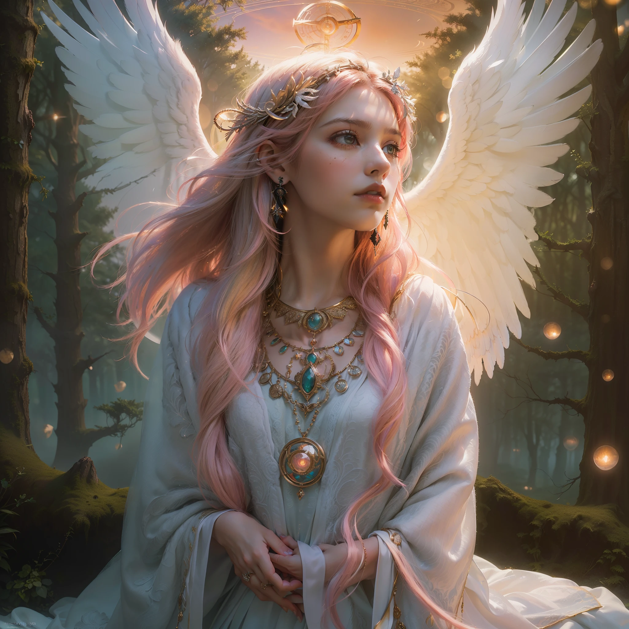 (award-winning masterpieces galore, incredibly detailed, textured and maximally detailed), (hyper realistic: 1.4), (realistic: 1.3), (top quality realistic textured skin), (dense perfect circles, symmetrically beautifully rendered eyes), ( angelic light Divine radiance circle overhead: 1.8), ((medieval world)), (lord black angel or lord white angel: 1.6), (full body standing image: 1.8), (beautiful gentle eyes), (beautiful colored eyes love the sky with beautiful cloud mass), (halo optical phenomenon: 1.3), (dramatic light), ( (majestic view), (very beautiful expression of serenity and tenderness old wings with pure white feathers behind her shoulders earrings under her ears, (((dramatic photo))), (twilight), (sunset), (dusk), (sacred pose)), (pink hair), (chestnut hair), (elaborately crafted necklace around her neck (glowing magic circle), (glowing magic circle), holy light, epic realistic, ((neutral color)), (HDR:1.5), (subdued colors:1.2), highly detailed, cinematic, warm light, dramatic light, (complex details:1.1), complex background, ((fantastic forest 1.8)), pastel colors