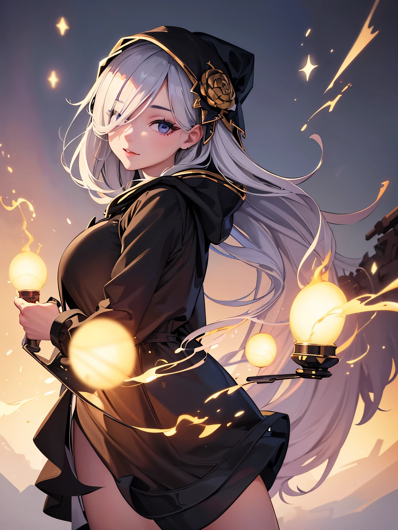 ((highest quality)),(ultra high resolution),(Super detailed),(detailed description),((best CG)),(best work of art),super precision art,great drawing art,(Art with precise details:1.5), (1 woman:1.6),beautiful and well-shaped face:1.5,light makeup:1.6,(put the hood over the eyes:1.8),cloak:1.6, Bewitching atmosphere:1.5,