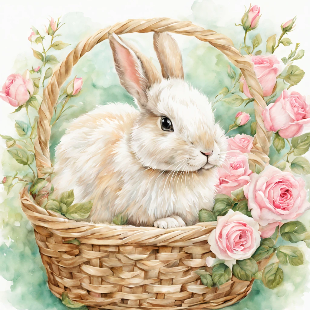 Beautiful cute baby bunny sits in a bast basket, pink roses, garden, beautiful, baroque, ultra realistic, realistic watercolor+pencil, high octane, filigree, abstract background, green, beige, white, gold, minty
