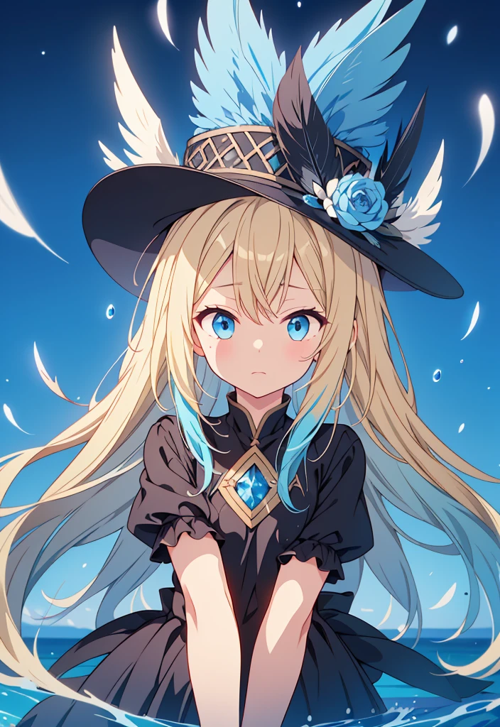 Blonde hair with light blue tips、black clothes、hat、straight face、Black feathers、water droplets、Grains of light、fantasy、bluebird