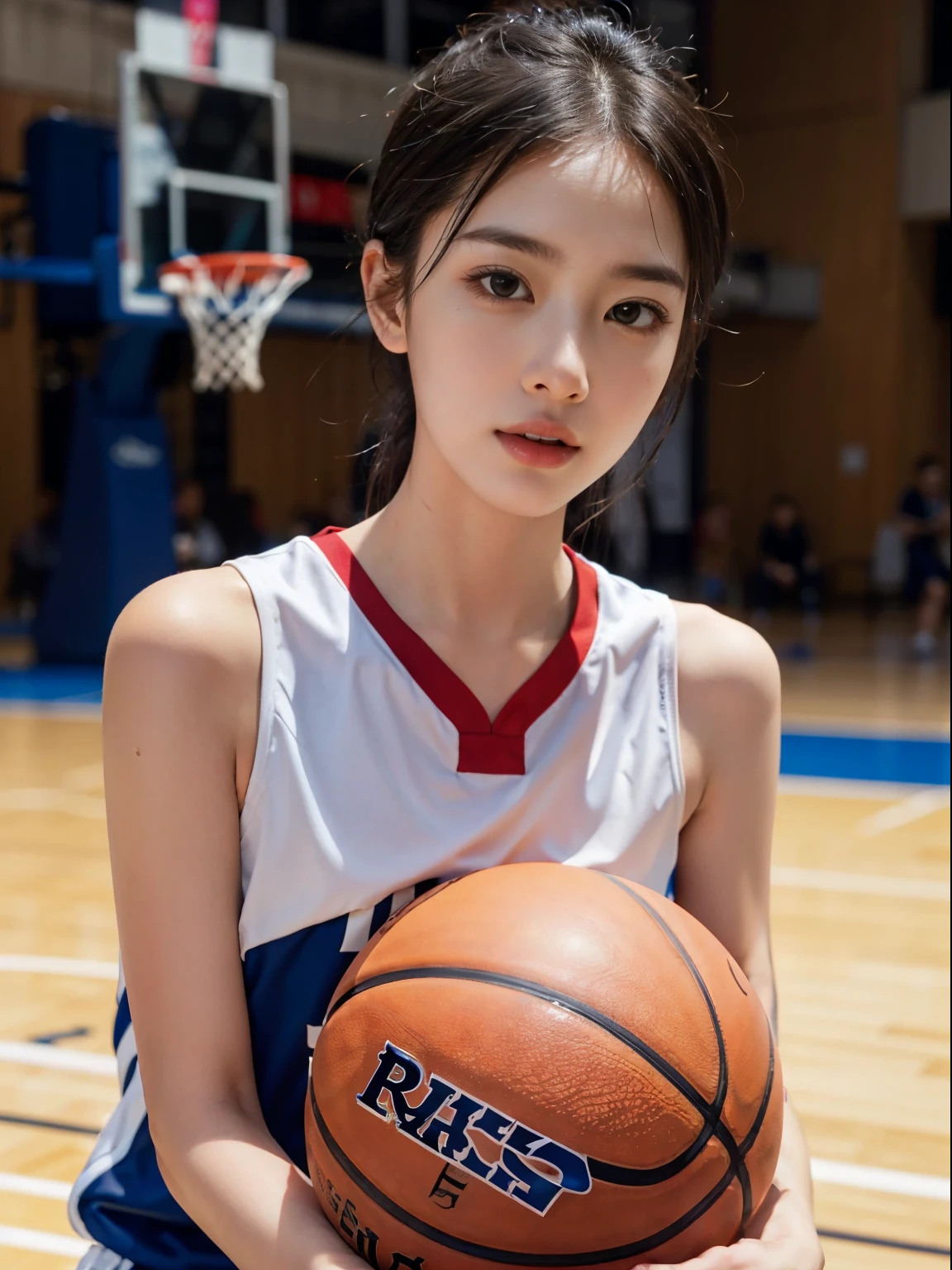( best quality, master piece:1.2),High resolution,8K,1 girl,delicate face,skin that looks real,dynamic light and shadow,sharp focus,Depth of bounds written,eyes are delicate,Realisticな生徒, playful expression, Wear a basketball uniform,(perfect breast body 1.1),Basketball Playground,Realistic, super detailed, (shiny skin), looking at the viewer,