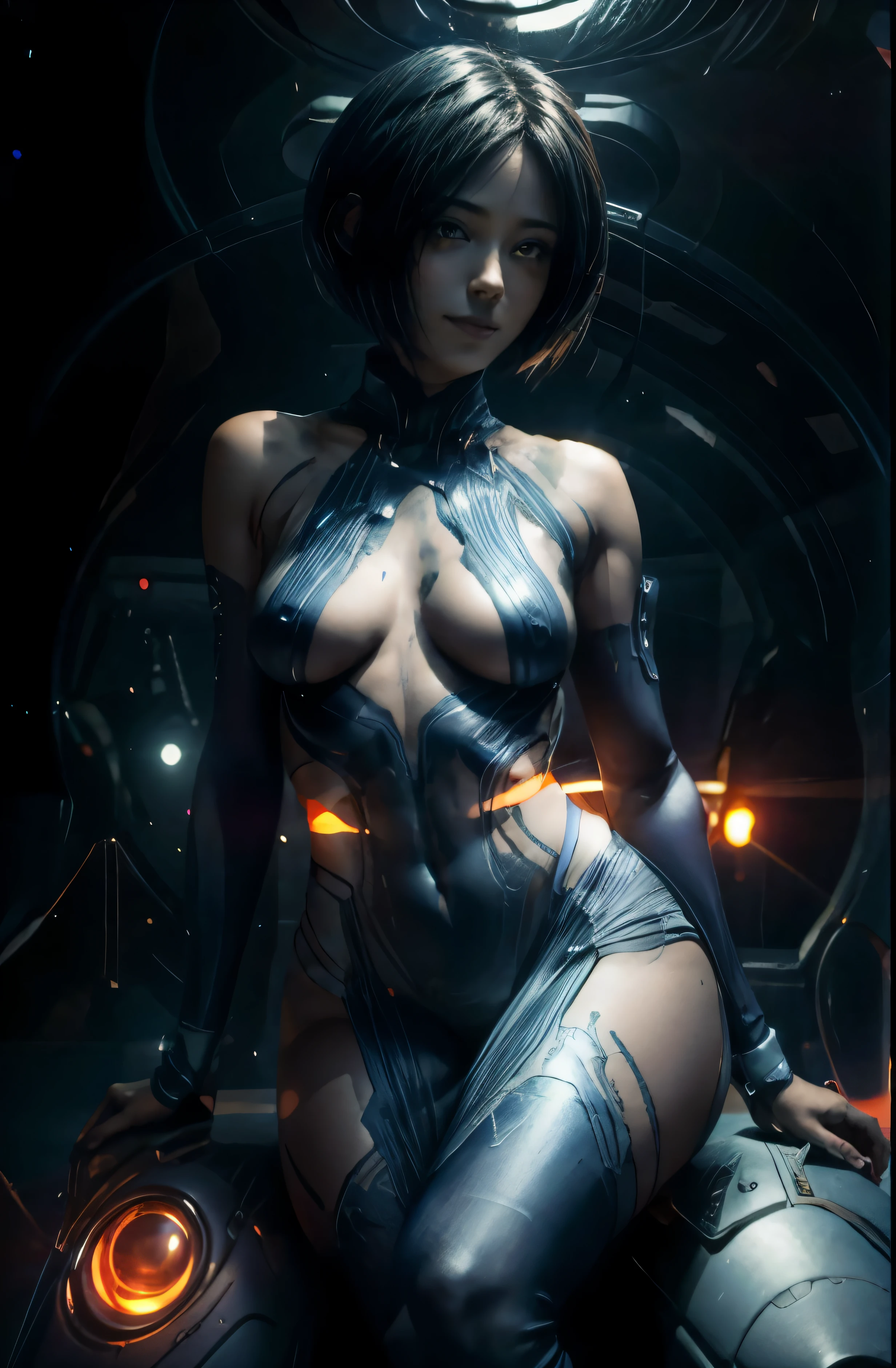 cortana sitting with legs spread, tight vagina, cute smile, alien space ship background, naked, ambient orange ship lights, dark blue face, dark blue skin, neon blue line lights on skin. high quality, hyper detailed, hyper beautiful, dark orange ship lights, dark orange ambient lighting, sci fi orange lights
