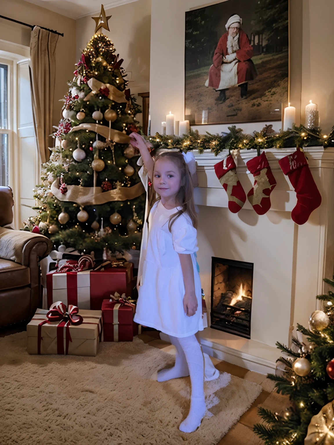 Country house, Christmas tree, fireplace, carpet, garland