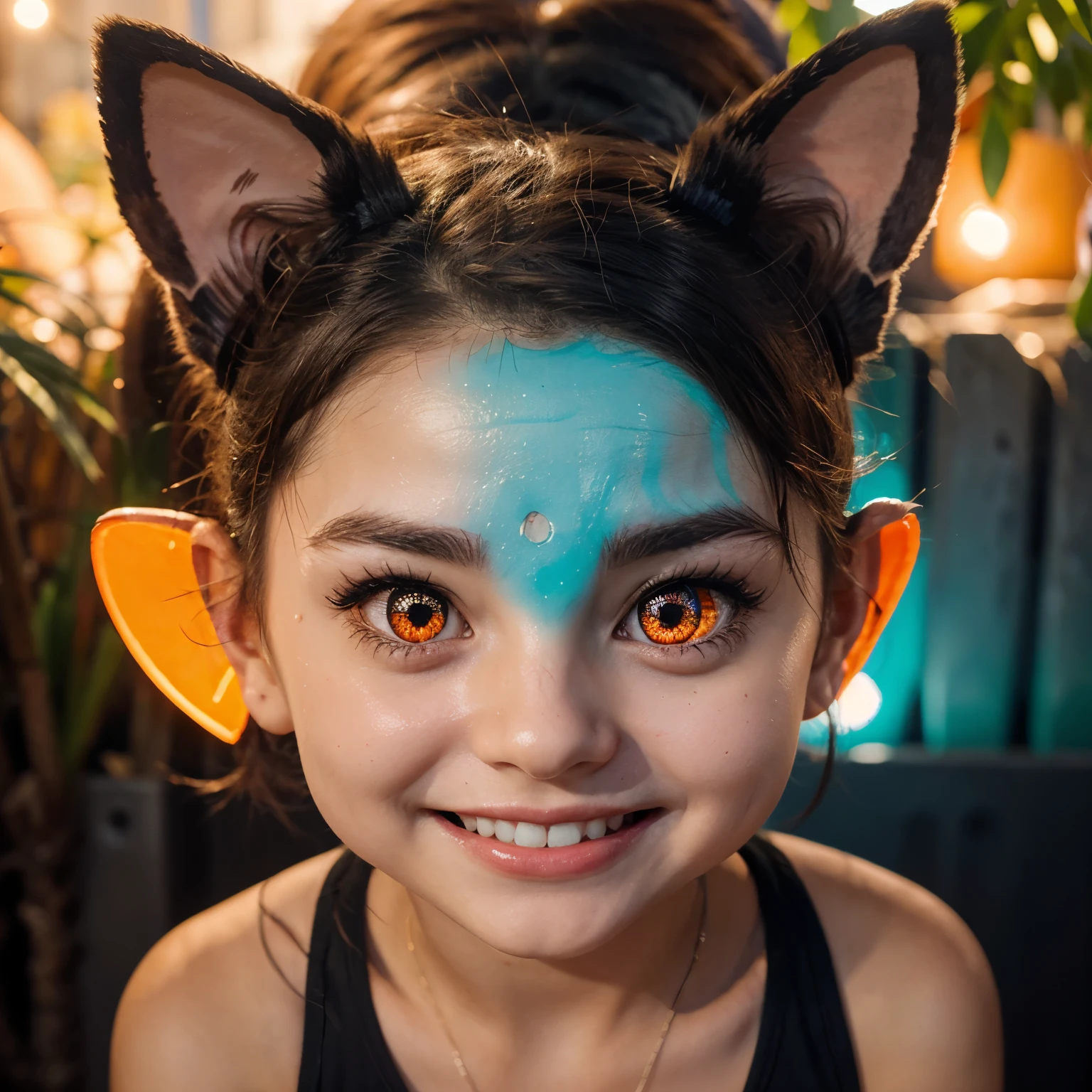 Draw an adorable character with big ears and glowing eyes, usando uma paleta de cores vibrantes. Be sure to include a friendly smile on the character&#39;s face.