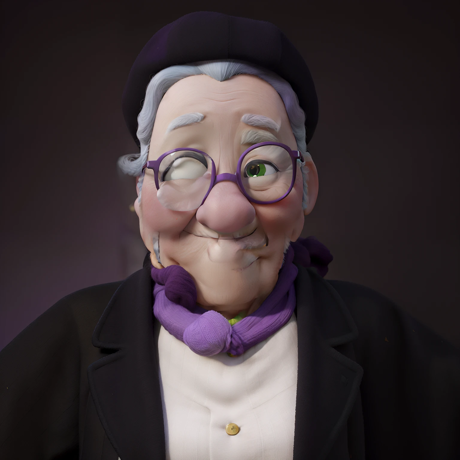 obra de arte, melhor qualidade, An old woman with glasses and a scarf, wearing a purple coat and green scarf, standing at the park