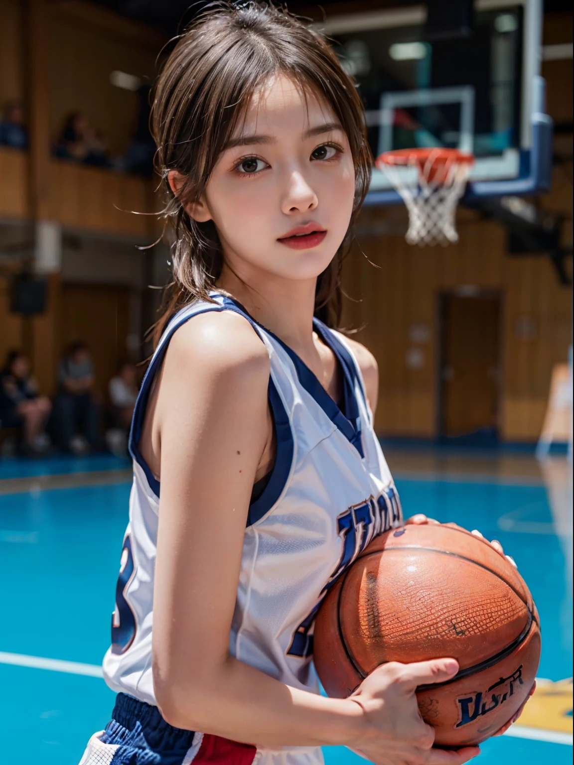 ( best quality, master piece:1.2),High resolution,8K,1 girl,delicate face,skin that looks real,dynamic light and shadow,sharp focus,Depth of bounds written,eyes are delicate,Realisticな生徒, playful expression, Wear a basketball uniform,(perfect breast body 1.1),Basketball Playground,Realistic, super detailed, (shiny skin), looking at the viewer,