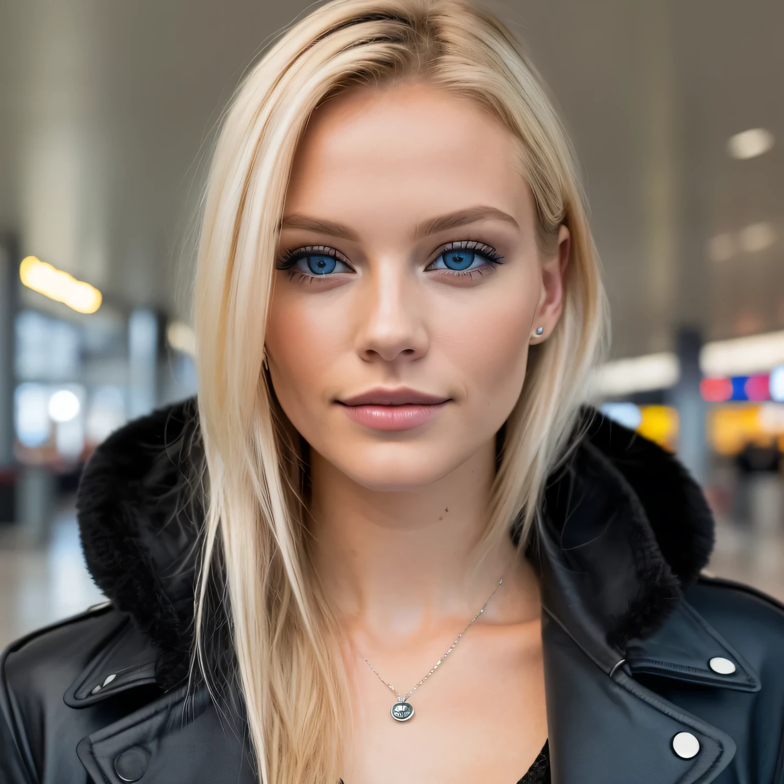 photography of 1 stunning 24-year-old blonde (Blue-eyed woman) wearing a beautiful coat, on a european aiport waiting for her flight to new york (Rock), (Ausschnitt), Details (Gewebe! , Haar! , Glitzer, Farbe!! , Benachteiligungen: 1.1), shiny eyes with high level of detail (Blick in die Kamera), SLR-Beleuchtung, Spiegelreflexkamera, ultra quality, Sharpness, Depth of field, Filmkorn (Mitte), Fujifilm XT3, kristallklar, Rahmenmitte, Beautiful face, Scharfer Fokus, , bokeh (schwach beleuchtet),Detaillierte Hautporen, Oily skin, Sonnenbrand, Komplexe AugenDetails, full entire body, big boobs, in the background you see the departure lounge