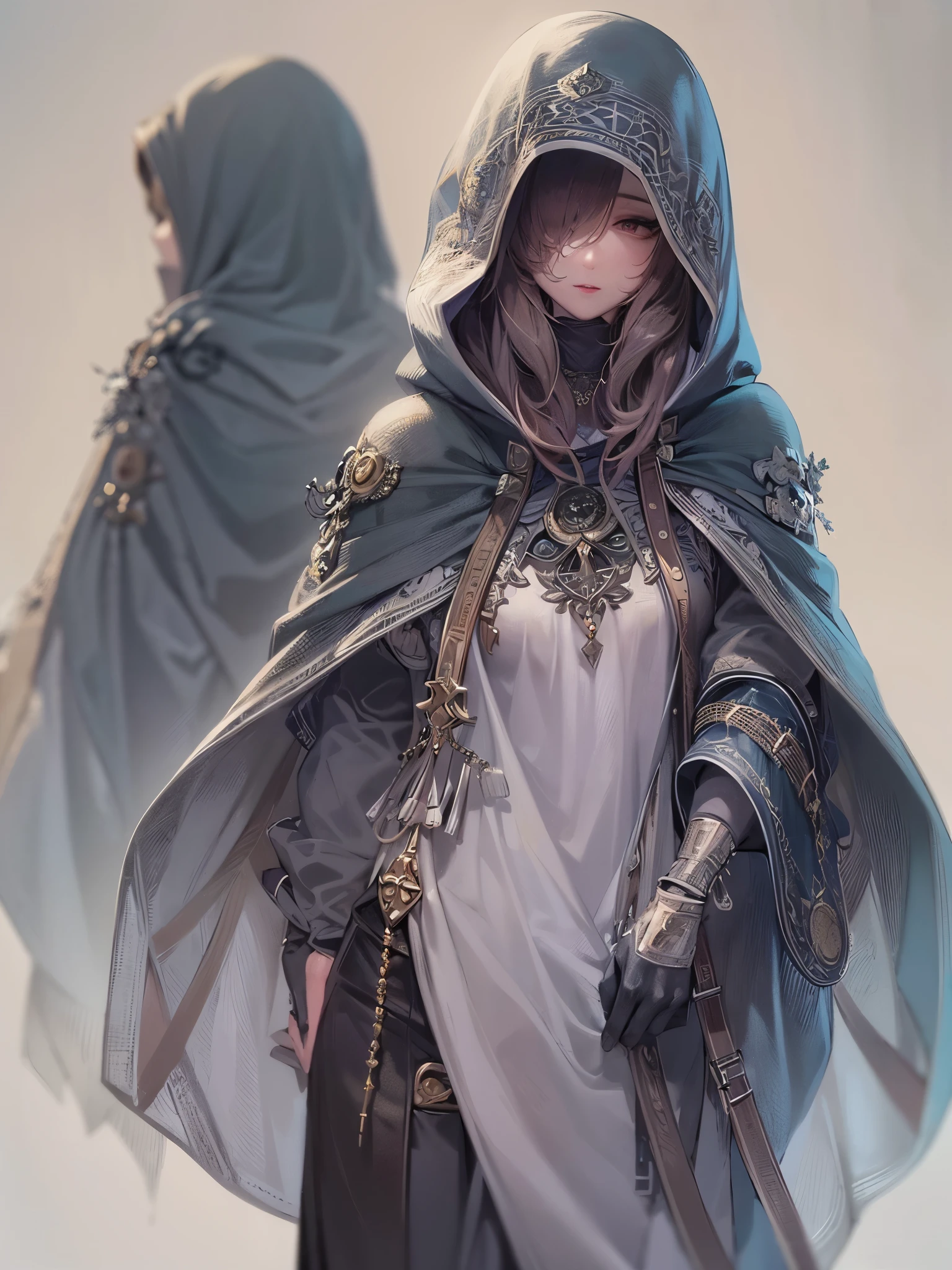 ((highest quality)),(ultra high resolution),(Super detailed),(detailed description),((best CG)),(best work of art),super precision art,great drawing art,(Art with precise details:1.5), (1 woman:1.6),beautiful and well-shaped face:1.5,light makeup:1.6,(put the hood over the eyes:1.8),cloak:1.6, Bewitching atmosphere:1.5,