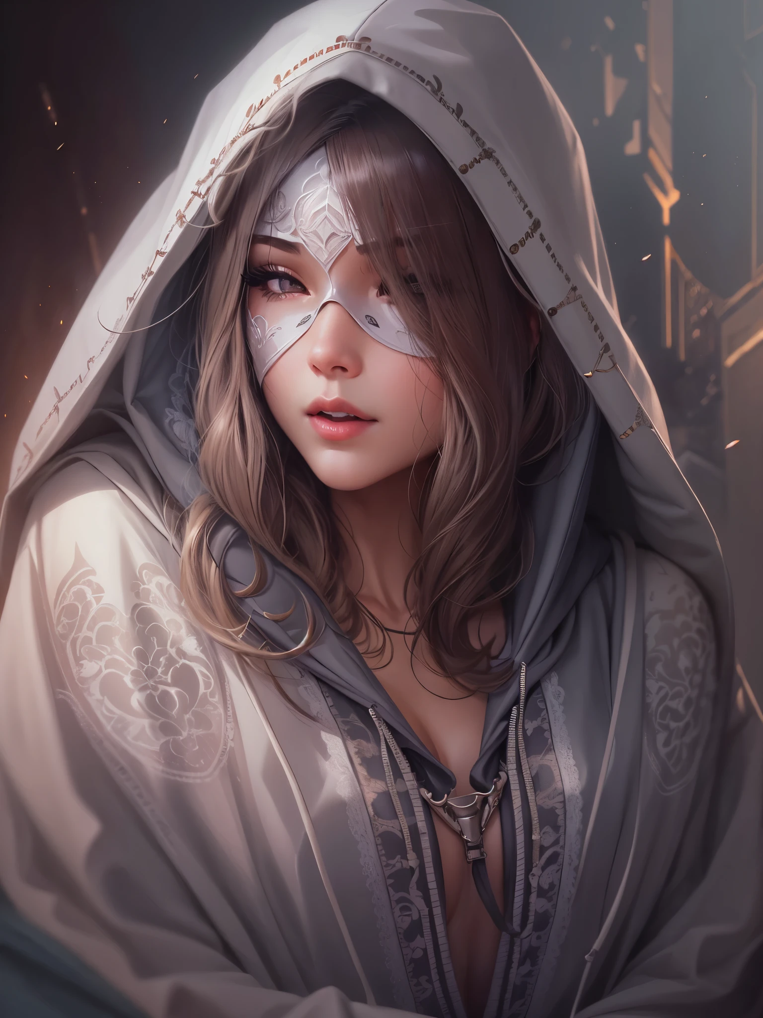 ((highest quality)),(ultra high resolution),(Super detailed),(detailed description),((best CG)),(best work of art),super precision art,great drawing art,(Art with precise details:1.5), (1 woman:1.6),beautiful and well-shaped face:1.5,light makeup:1.6,(put the hood over the eyes:1.8),cloak:1.6, Bewitching atmosphere:1.5,