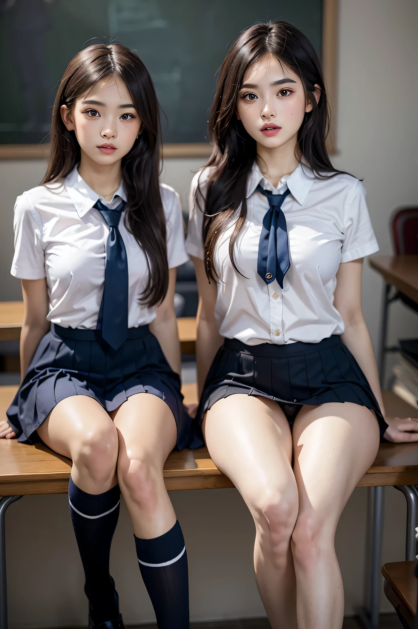 (ung girls), beautiful girl with beautiful details, Raw photo, (Best Quality:1.2), 8K, high details, hight resolution, With the highest quality, High-definition raw color photos, professional photograpy, (Fine face:1.2), (hi-school uniform with open chest:1.5), pleated skirt, indoors, classroom, desk, chair, sitting, (Open mouth), ((legs spread)), (panties:1.3), depth of fields,