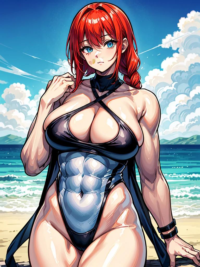 (((masterpiece、Highest image quality、highest quality、highly detailed unity 8kwallpaper)))、((Illustration of one girl))、(((beautiful girl)))、((red hair、Braid、sidelocks:1.4、blue eyes))、(((stocky build:1.5, thickset physique:1.6, muscular legs, broad shoulders:1.6, solid chest:1.5)))、swimsuit、sandy beach