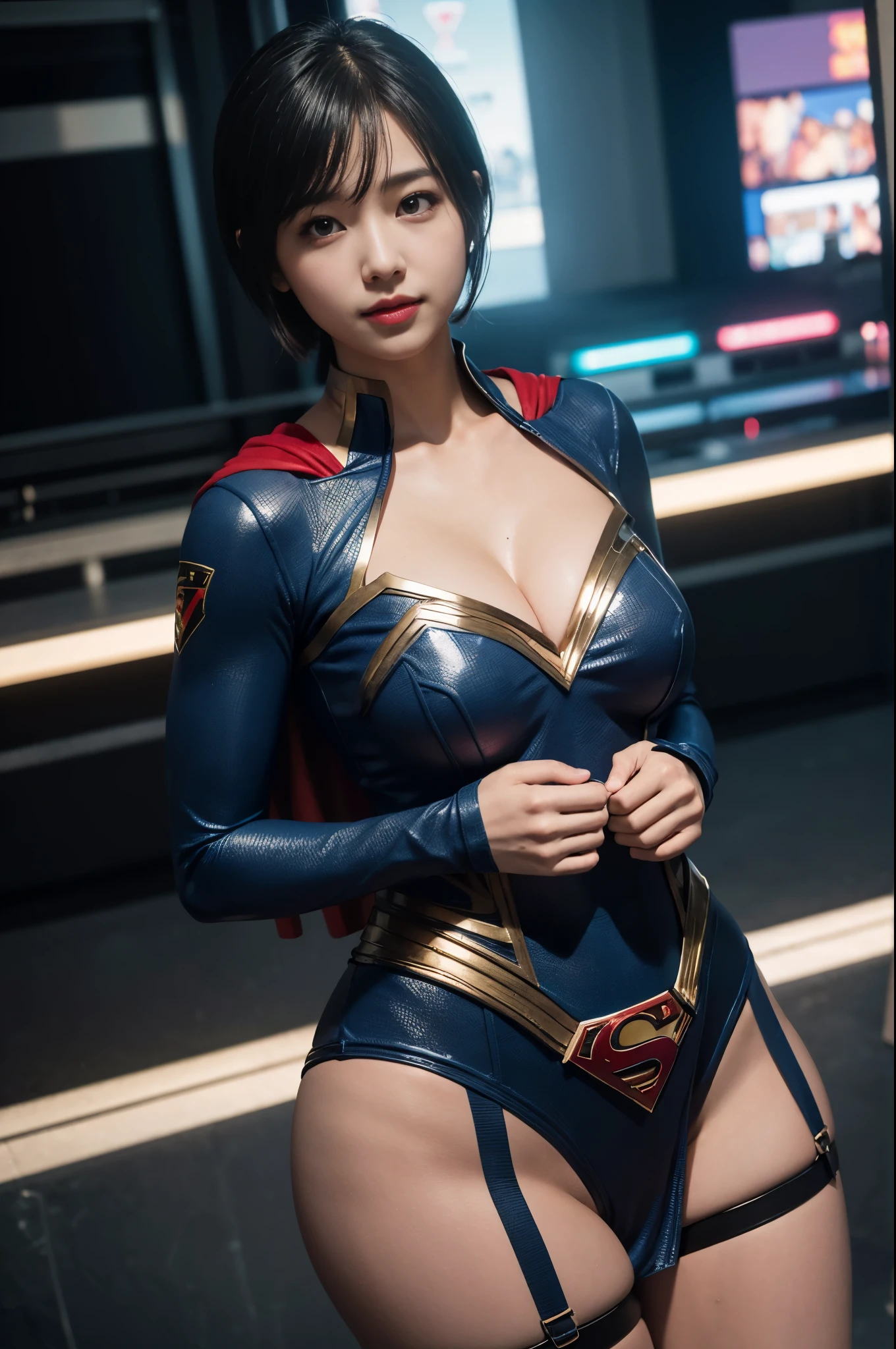 1 girl, superman style、Supergirl costumes, short hair、red mini skirt、long sleeve、I can see the cleavage、big breasts、garter belt、plump thighs、vivid color、Glossy enamel costume、The background is a cityscape with skyscrapers、outdoor、Shine a light on the subject、Light on your face、smile、(非常にbe familiar withな肌), (highest quality:1.0), (realistic:1.0), (8K, RAW photo:1.1), (8k非常にbe familiar withなCGユニットの壁紙), (highest quality), (best illustrations), (best shadow), (be familiar with: 1.4), 3D, HDR (high dynamic range), ray tracing, NVIDIA RTX, super resolution, Scattered beneath the surface, PBR texture, Post-processing, anisotropic filtering, written boundary depth, maximum sharpness and acutance, multilayer texture, Albedo and highlight mapping, surface shading, Accurate simulation of light-matter interactions, perfect proportions, octane rendering, surreal、Photographed with Canon EOS R5、50mm lens、f / 2.8