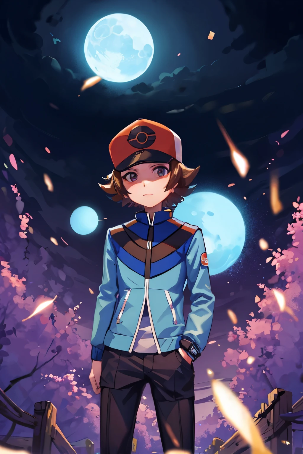 {{masterpiece}},{{highest quality}},{{High resolution}},{{caustics}},{{be familiar with}}, amasterpiece, highest quality, Hilbert \(Pokemon\), 1 boy, alone, baseball cap, red hat, blue jacket, black pants, A face full of murderous spirit,Touya、holding a monster ball