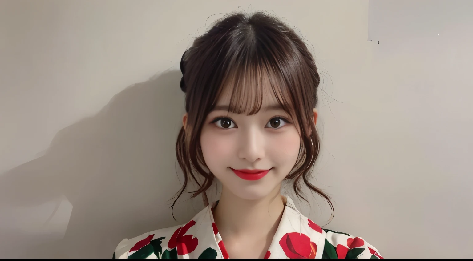 muste piece, best quality, illustration, Super detailed, fine details, High resolution, 8K Dende Wallpaper, perfect dynamic composition, beautiful detailed eyes, she is wearing a red yukata,medium hair,natural color lip, shy smile,Harajuku style、20 year old girl、There is only one person, bust up photo、cute type、looking at camera、C Cup、brown hair、pure white background、white background、background white、Copy Space