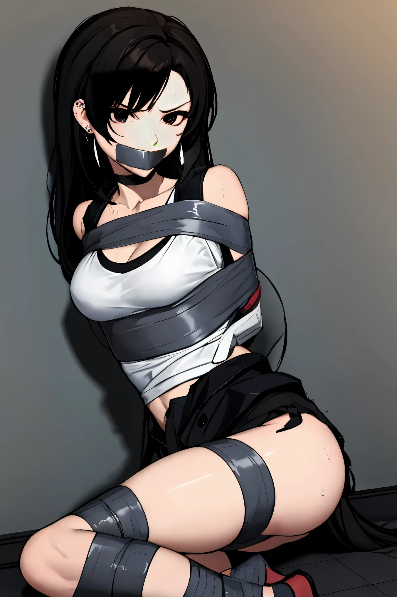 (masterpiece), best quality, expressive eyes, highres, anatomically correct, 1girl, tifa Lockhart, perfect face, perfect hands, female, messy hair, black hair, very long hair, black eyes, weak, tired, small breasts, graphic t-shirt, gothic, emo, goth, exposed left shoulder, piercings, ear piercings, lip piercings, hair covering forehead, , fatigue, eye-bags, sore, blank eyes, expressionless, weak, crazy face, crazy eyes, swept bangs, choker, standing, freaked out, shocked, nervous, stressed, sweating, black hair, black eyes, wet shirt, black jacket, bound, bondage, (arms behind back:1.4), bdsm, tape gag, tape, tape bondage, close-up, restrained, best anatomy, half body, taped thighs, taped legs, legs together, tape wrapped, wrap gag,