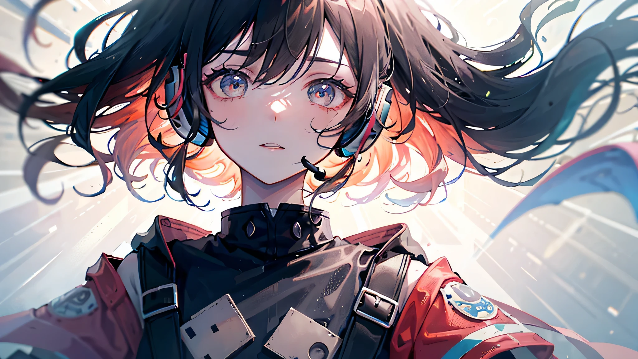 Masterpiece, high quality and colorful, a ager with pink | black braids, wearing a delicate leather jacket and anime t-shirt, touching translucent panels, jacket off shoulders, in a dark space filled with small glare particles, Floating screen in front, dramatic perspective, dynamic pose, (Face focus close-up: 1.2), exquisite headset with neon ears for maximum depth of field, high resolution, extremely intricate details, dramatic shadows, global illumination