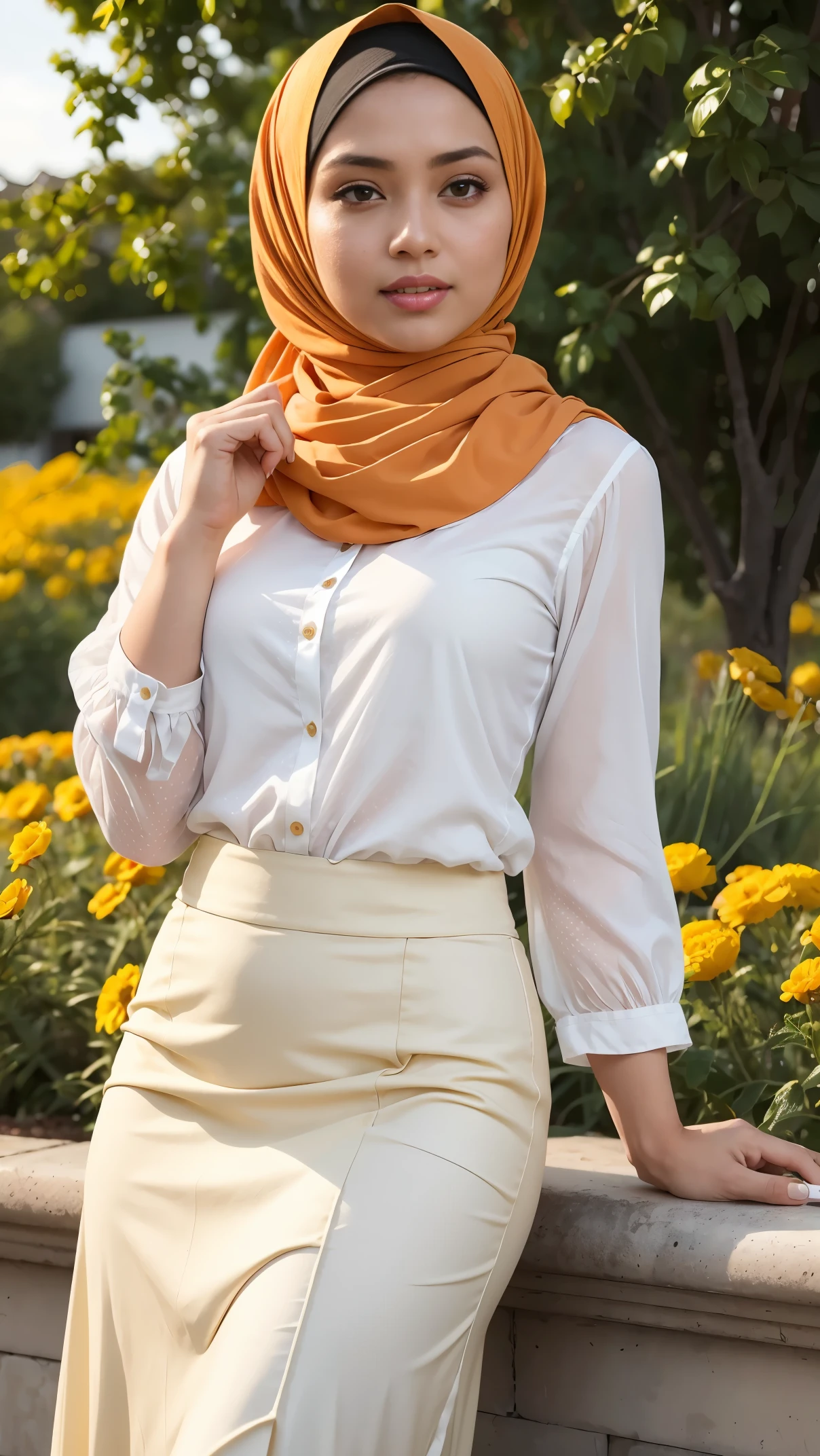 RAW, (Best quality, high resolution, work: 1.3), Beautiful Malay woman in hijab, perfect fit body, Big breast,Beautiful big eyes, Soft smile, beautiful face, slightly open mouth, thick thighs, beautiful buttocks, woman in a polka dot blouse and long white skirt, fancy top, cute top, puff sleeves, polkadots, hijab, beautiful clothes, casual modern clothing, wearing a blouse, wearing beautiful clothes, very beautiful style, white and orange, modern casual clothing, orange and white, polka dot, beautifull woman in garden flowers