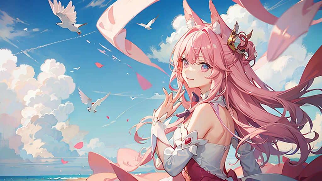 pink hair、pink eyes、Magical girl、cane、Blue sky、smile
