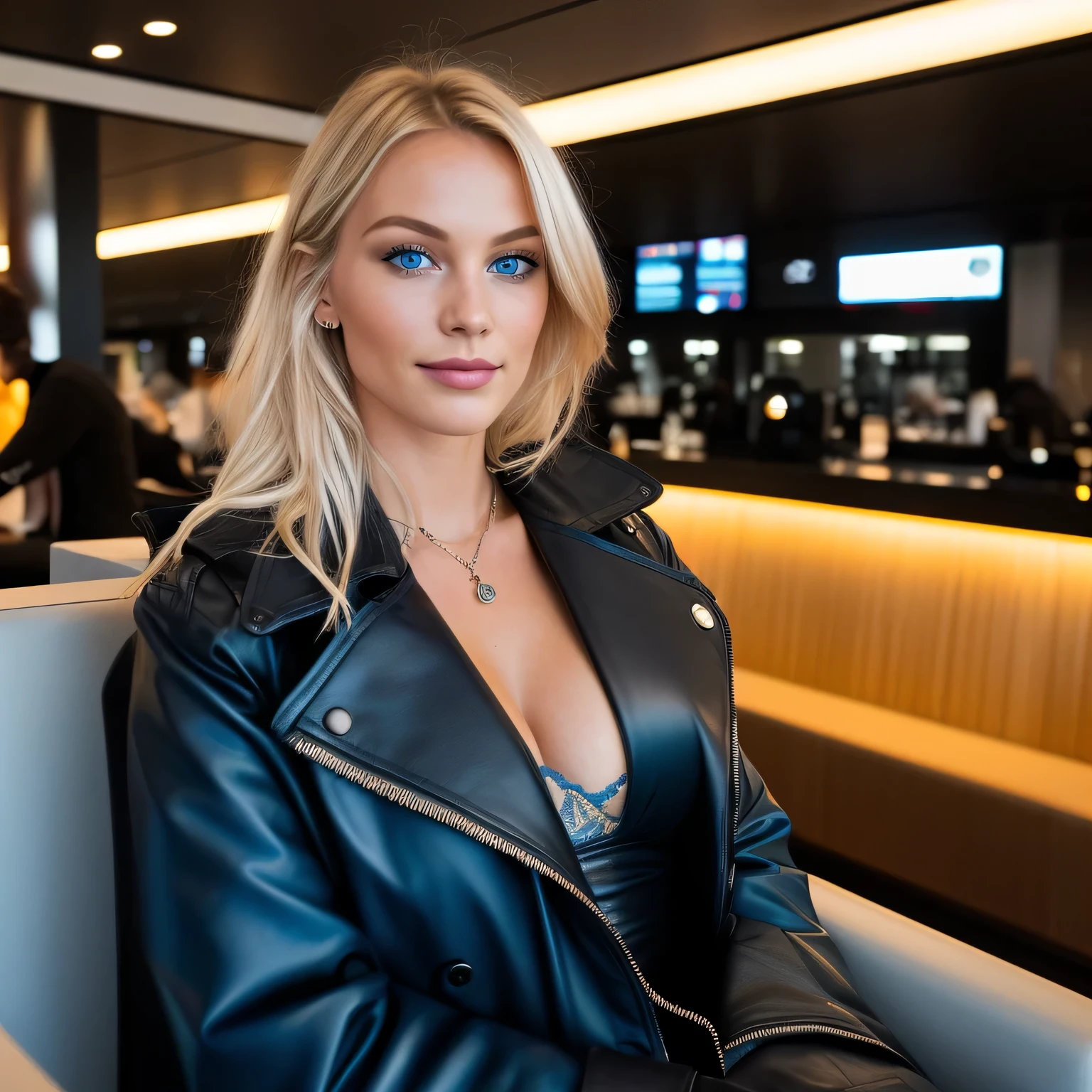 photography of 1 stunning 24-year-old blonde (Blue-eyed woman) wearing a beautiful coat, sitting in the deaparture lounge and drinking a coffee, on a european aiport waiting for her flight to new york (Rock), (Ausschnitt), Details (Gewebe! , Haar! , Glitzer, Farbe!! , Benachteiligungen: 1.1), shiny eyes with high level of detail (Blick in die Kamera), SLR-Beleuchtung, Spiegelreflexkamera, ultra quality, Sharpness, Depth of field, Filmkorn (Mitte), Fujifilm XT3, kristallklar, Rahmenmitte, Beautiful face, Scharfer Fokus, , bokeh (schwach beleuchtet),Detaillierte Hautporen, Oily skin, Sonnenbrand, Komplexe AugenDetails, full entire body, big boobs, in the background you see the departure lounge