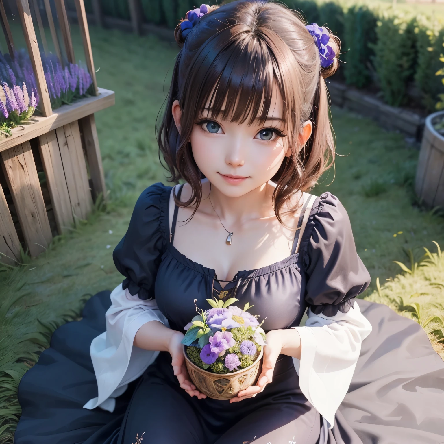 (high quality、8K、ultra hd、Mysterious and beautiful smiling woman standing on the ground in an English rye and lavender field Full-length portrait of a mysterious and beautiful smiling woman standing on the ground、Brown hair and blue eyes、calm blue sky)、 デジタルartファンタジー, fantastic rural scenery, highly detailed landscape, soothing image、art：Alberto Seveso、抽象的なartスタイル、intricate and detailed watercolor painting、digital painting、コンセプトart、3D lighting、 tanvirtamim、metal reflection、2D rendering、artジャーム、ArtStat Trends、 great composition, ethereal fantasy, デジタルartファンタジー, 綺麗なデジタルart