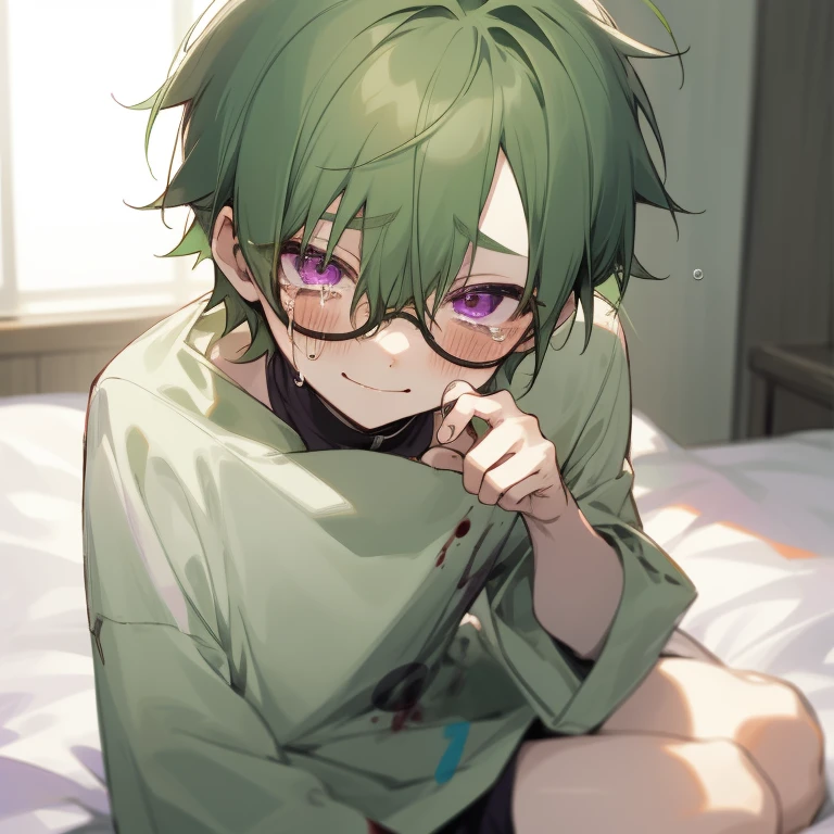 A shota boy,green hair,short hair,wearing a black circle glasses,two green antenna,purple eyes,cute,white skin,sitting on the bed,innocent,smiling,blush,blood,wearing stock,crying