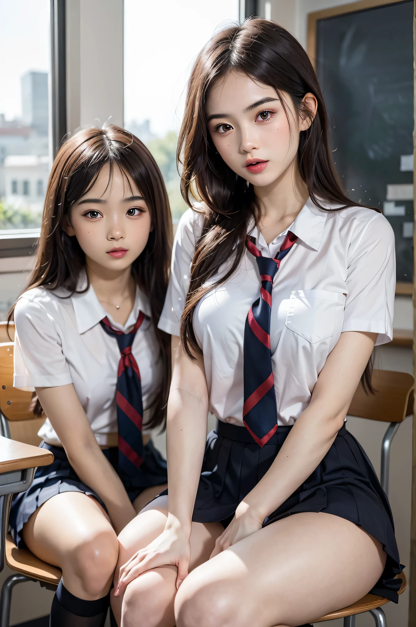 (ung girls), beautiful girl with beautiful details, Raw photo, (Best Quality:1.2), 8K, high details, hight resolution, With the highest quality, High-definition raw color photos, professional photograpy, (Fine face:1.2), (hi-school uniform with open chest:1.5), pleated skirt, indoors, classroom, desk, chair, sitting, (Open mouth), ((legs spread)), (panties:1.3), depth of fields,