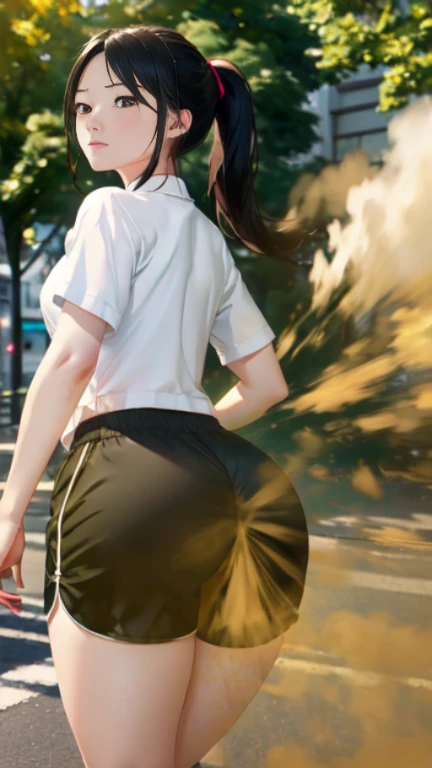 ((velocity)),Attacked by farts, (((Women farting))),(girl farting while jogging),velocity,)(a female pedestrian,(wearing a shirt and shorts),(her butt facing screen)) (ponytail blackhair),(Asian woman),(park),(masterpiece:1.2、top-quality, best-quality)、(the Extremely Detailed CG Unity 8K Wallpapers、ultra-detailed、Best Shadows)、(细致背景)、(The best lighting、extremely delicate and beautiful)、depth of fields、1girl in、独奏、