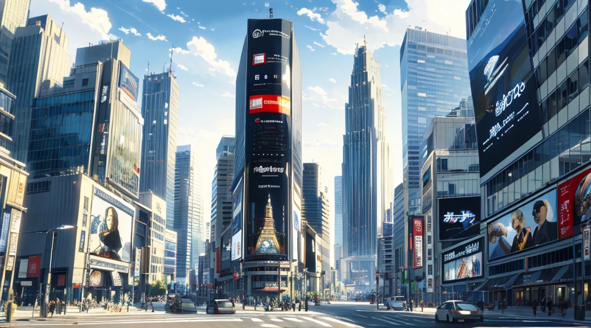 (best quality:1.2, high resolution, masterpiece:1.2), (light) 3, (detailed, detailed:1.1) Anime style illustration of cityscape with clock tower in center. The bell tower covered with advertising screens. The artwork captures the essence of Makoto Shinka storytelling. Cityscape features modern architecture,Reminiscent of New York Times Square.