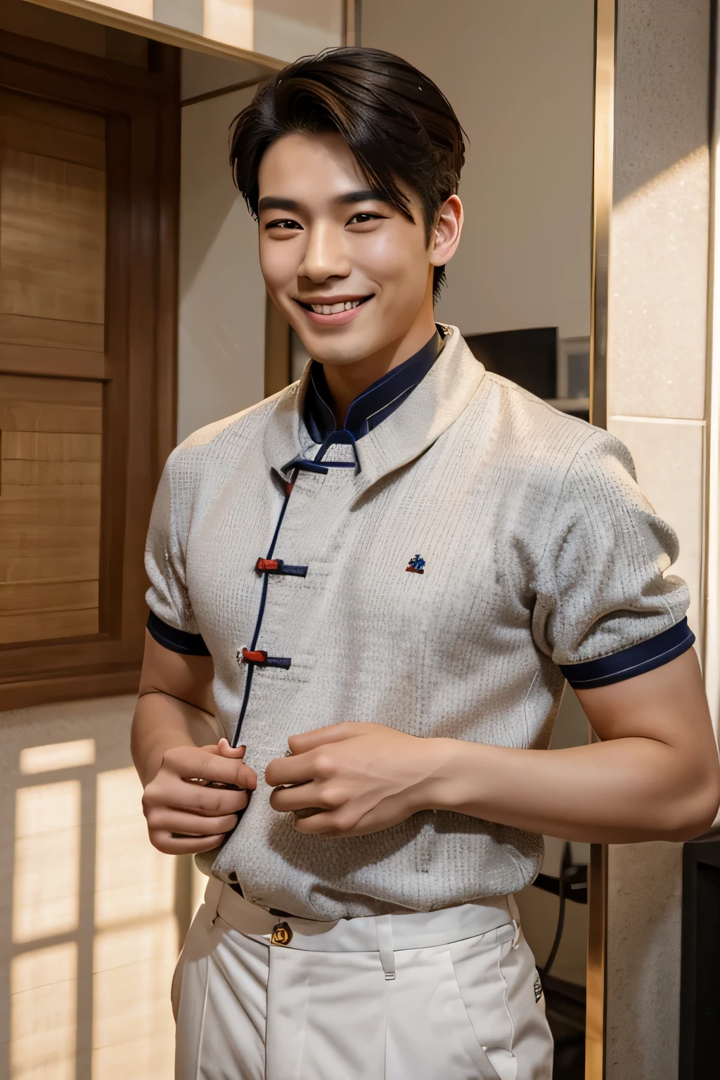 handsome 25 year old asian man with heritage of mix chinese and french, with a kpop body, smiling for a photo
