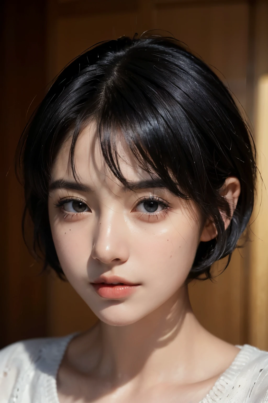 (masterpiece:1.3), (8k, lifelike, original photo, best quality: 1.4), (1 girl), pretty face, (realistic face), (black hair, short hair:1.3), beautiful hairstyle, realistic eyes, Beautiful and delicate eyes, (lifelike皮肤), beautiful skin, (sweater), ridiculous, attractive, ultra high resolution, Surreal, Very detailed, golden ratio