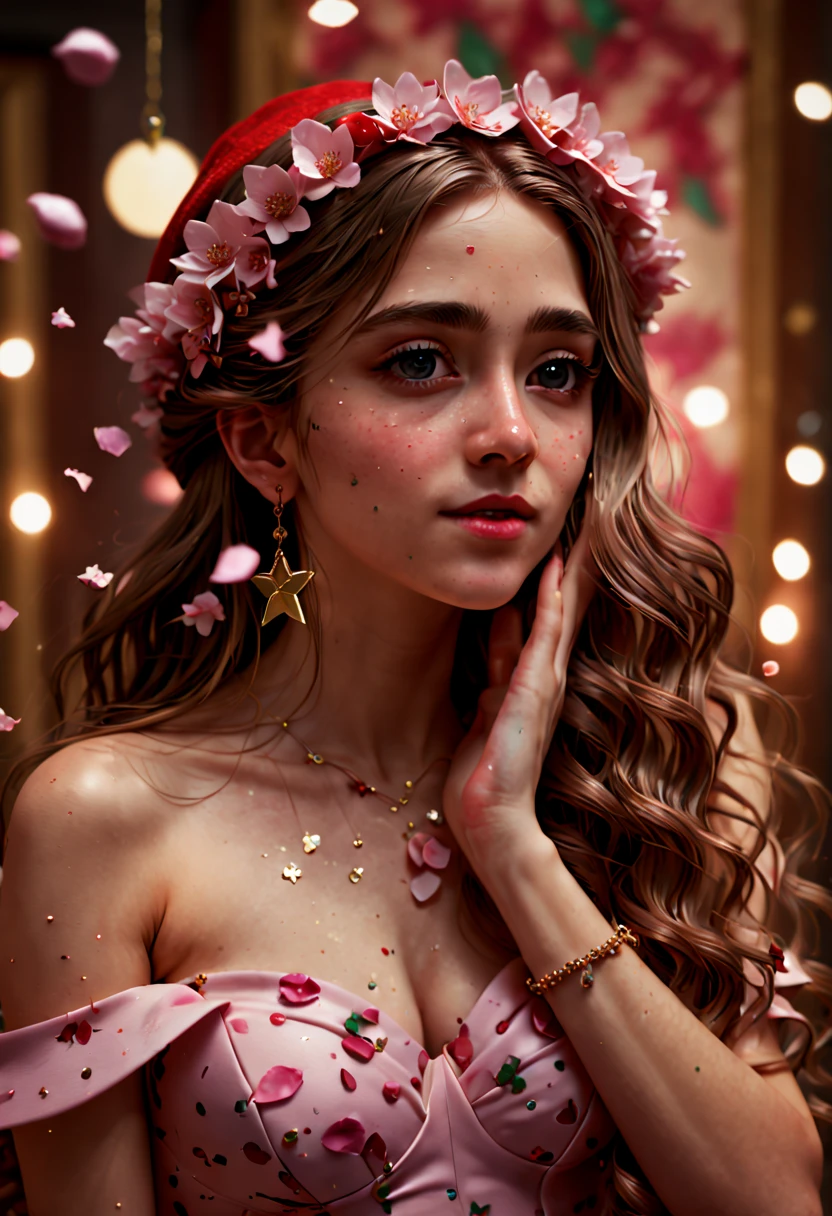 a Beautiful Elf, Elf ear, cherry_blossoms, confetti, falling_petals, floral_print, flower, hair_flower, hair_ornament, interlocked_fingers, jewelry, own_hands_together, pink_dress, rose_petals, presentbox, star hair ornament, gift box, jingle bell, star hair ornament, christmas wreath, santa hat, long hair, detailed eyes, Romance, film grain, RAW photo, Cinematic lighting, octane render, (best quality, masterpiece, Representative work, official art, Professional, 8k:1.3)