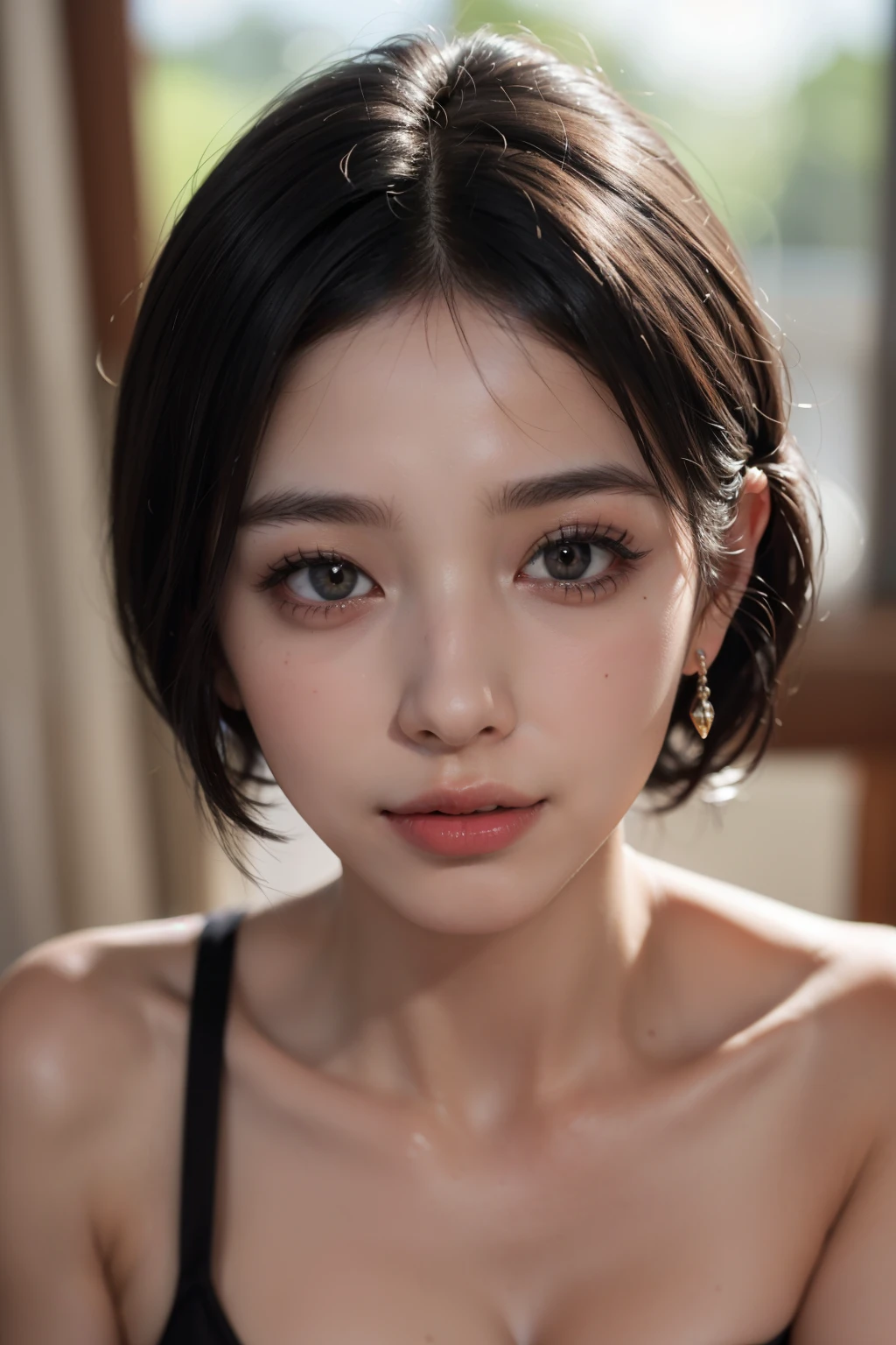 (8k, original photo, lifelike: 1.25), (lip gloss, eyelash, shining face, shiny skin, best quality, ultra high resolution, depth of field, Color difference, Caustics, Wide range of lighting, natural shadow, kpop idol) Looking at the viewer with the calmness and happiness of a goddess,