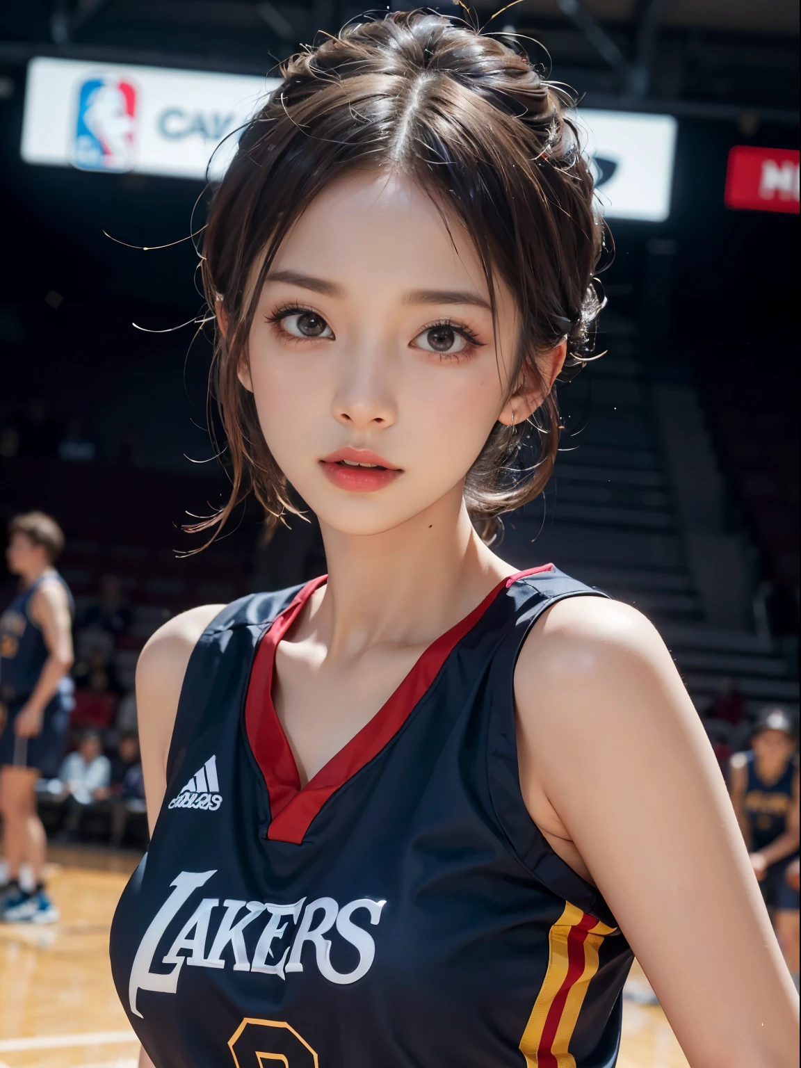 （ best quality， master piece：1.2），High resolution，8K,1 girl，delicate face，skin that looks real，dynamic light and shadow,sharp focus,Depth of bounds written,eyes are delicate,Realisticな生徒, playful expression， Wear a basketball uniform，（perfect breast body 1.1），Basketball Playground，Realistic, super detailed, (shiny skin), looking at the viewer,grim expression