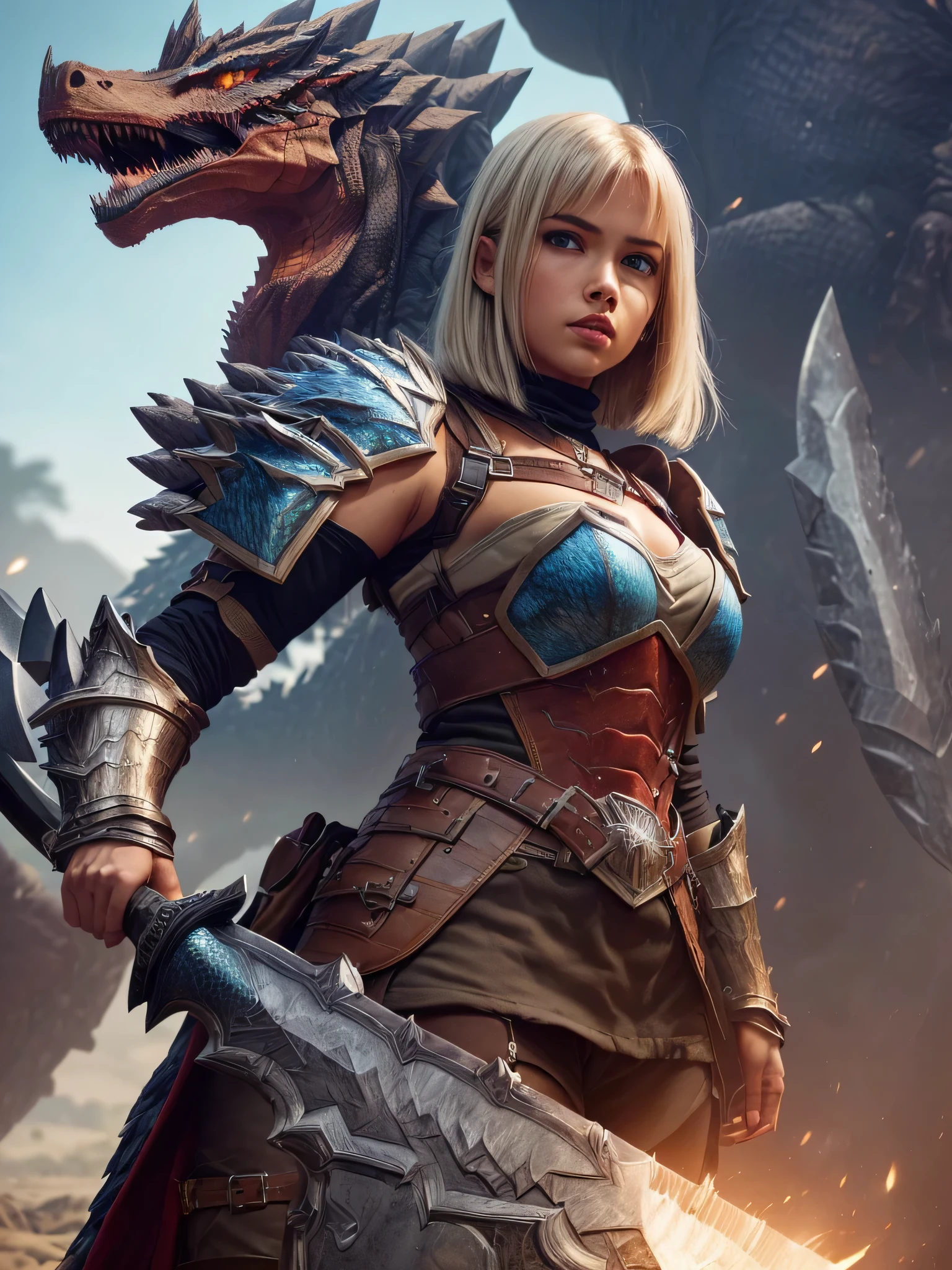 medium (shoulder-length:1.2) slicked-back [blue-black:.3] hair, (1young girl:1.2), blonde hair, (Ultra realistic, high res), (highly detailed eyes, highly detailed hair, highly detailed face, highly detailed plump lips), (off shoulder), breasts, upper body, (best quality:1.4), Raw photo, (realistic, photo-realistic:1.37), professional photography, cinematic light, (fine face: 1.2), gold, volcano, dinosaur, (battle, giant monster, giant sword, giant spear, giant shield, adventure, giant monster, Volcanic eruption, tough monster, creepy monsters:1.4), (girl monster hunter in armor, girl monster hunter:1.6), Flying sparks, terrible sights, power,