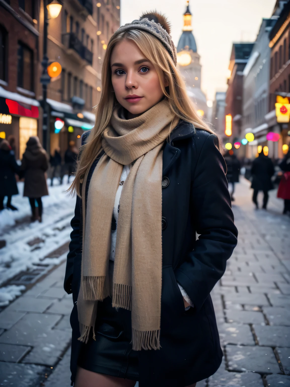 blonde girl dressed winterily in coat and scarf, 30 years old, long hair, realism, cinema lighting, first person view, 4K, high detail, super detail, high quality, best quality, high resolution full body