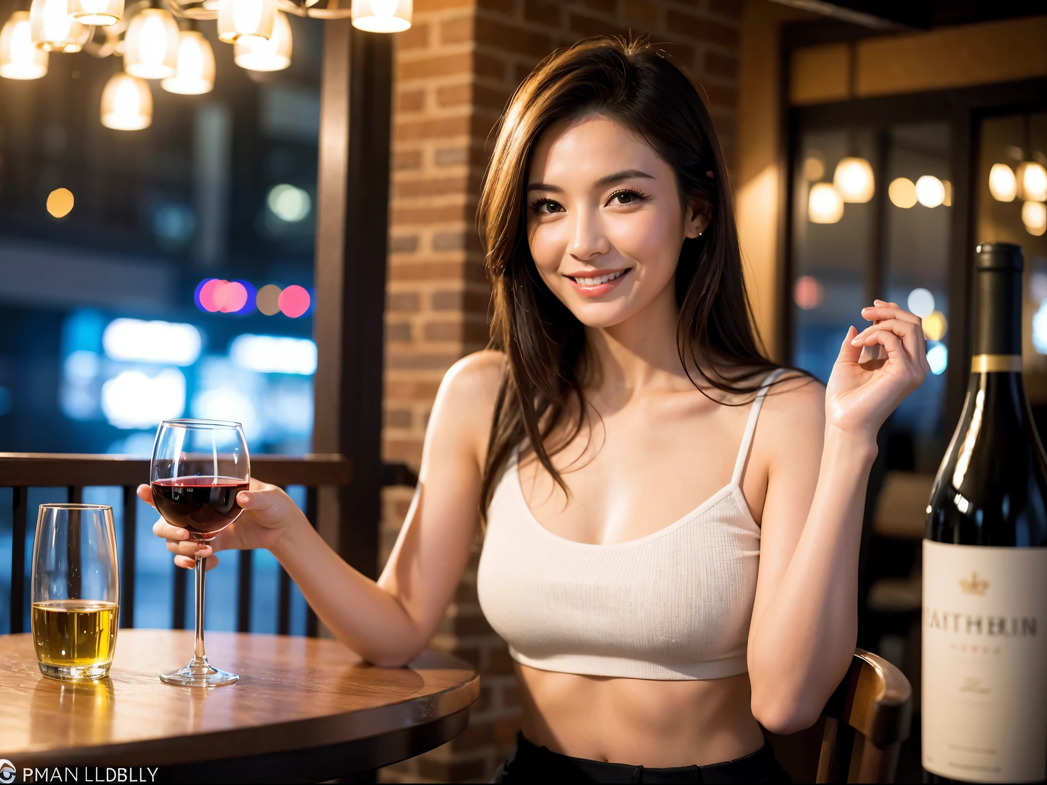 (64k included, nffsw, top quality, table top: 1.2), (realistic, realistic: 1.37), pretty woman 1, (slimフェイス), (slimボティ), (brown hair), (shortcut), American、French、cheeks blush a little, (40 years old), 38 years old, alone, 窓の外には美しく緻密なnight景が広がります......., restaurant, wine glassに座って, nightに, in a prominent place (from the waist up) nova frog style, actress, model, waist up, White wine, slim, wine glass, とてもきれいなnight景, 真ん中に置かれたwine glass, smile, (smile: 1.15), beautiful and fine eyes, Upper body, bust japan up, night, short, short, actress, model, waist up, White wine, slim, wine glass, とてもきれいなnight景, 真ん中に置かれたwine glass, smile,
