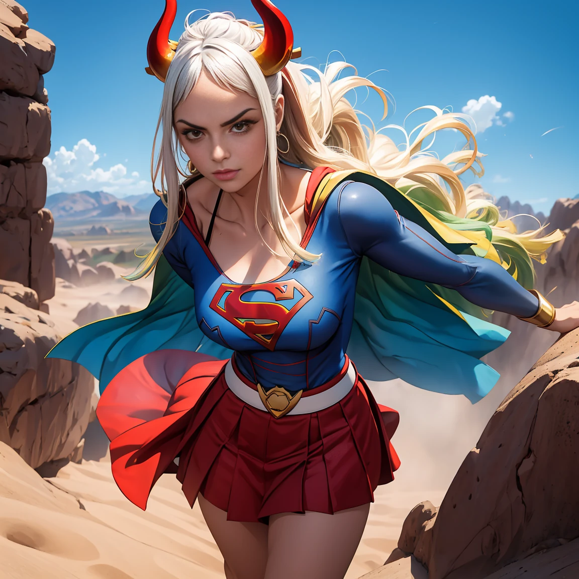 Detalhado cabelo branco longo,  tamanho de arquivo enorme, 1girl, demon girl, Superhero Supergirl, terno Supergirl, capa vermelha, S do super-homem no peito, blue swimsuit, Red skirt, botas vermelhas, ultra sexy hiper sedutora, (Desert Oasis:1.1), Rosto extremamente detalhado, Foto RAW, filmic grain, master part, UHD, HDR, skin pores, maquiagem sedutora escura requintada, delineador escuro, buffalo horn with red tips ((longos cabelos brancos)), ((seios muito firmes)), (((tonificado, Impeccable, encaixe, corpo perfeito e anatomia;))), ((Olhando para o Viewer)), ((hiper sedutor)), profundidade de campo, alto, sexy , realismo, VFX, Volumetric lighting, volumetric light, volumetric, natural lighting, Detalhado e intrincado,  Detalhes intrincados, quantidade absurda de detalhes, absurdos, high resolution, na cidade