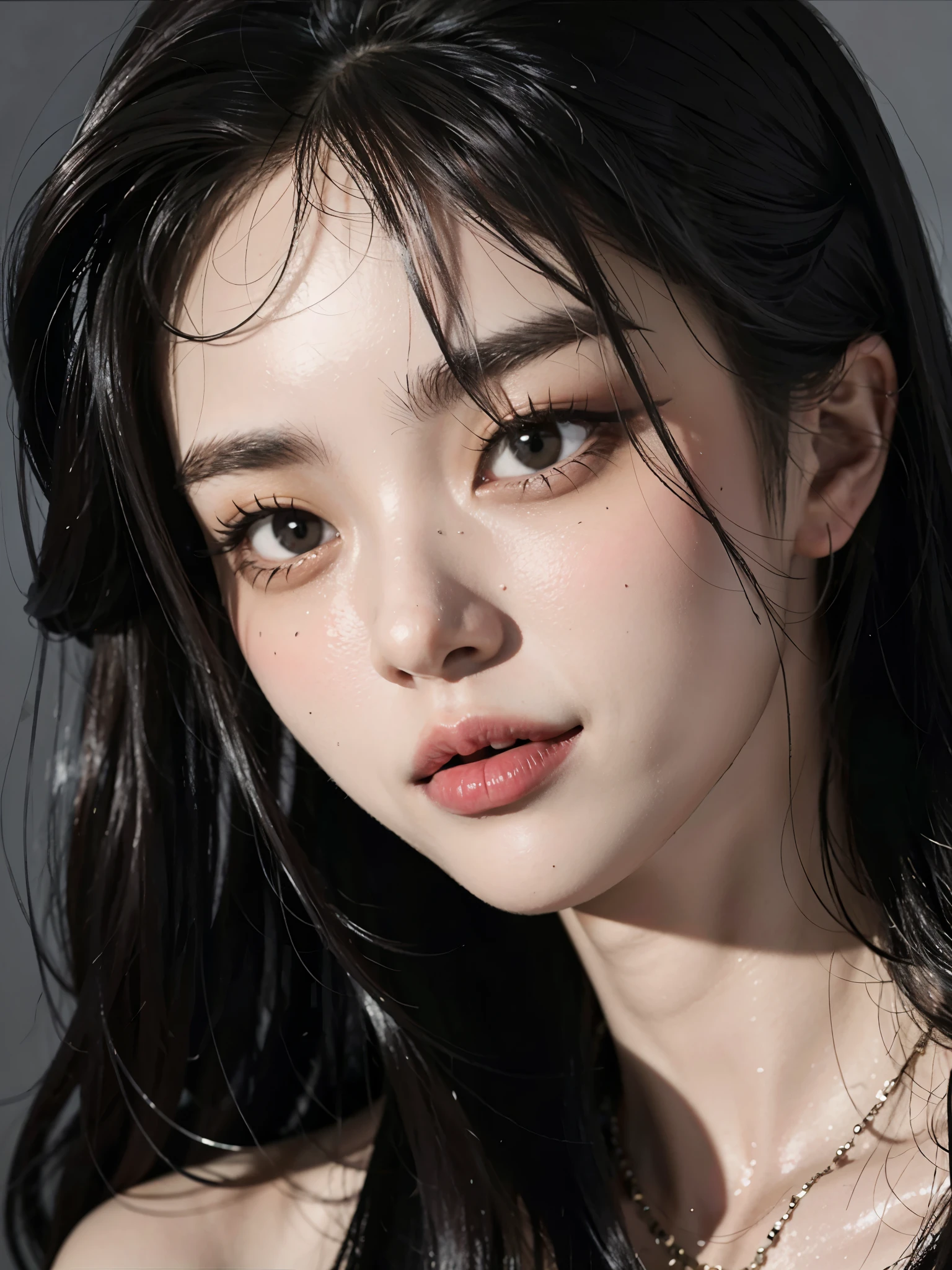 A close up of a woman with long black hair and a necklace - SeaArt AI