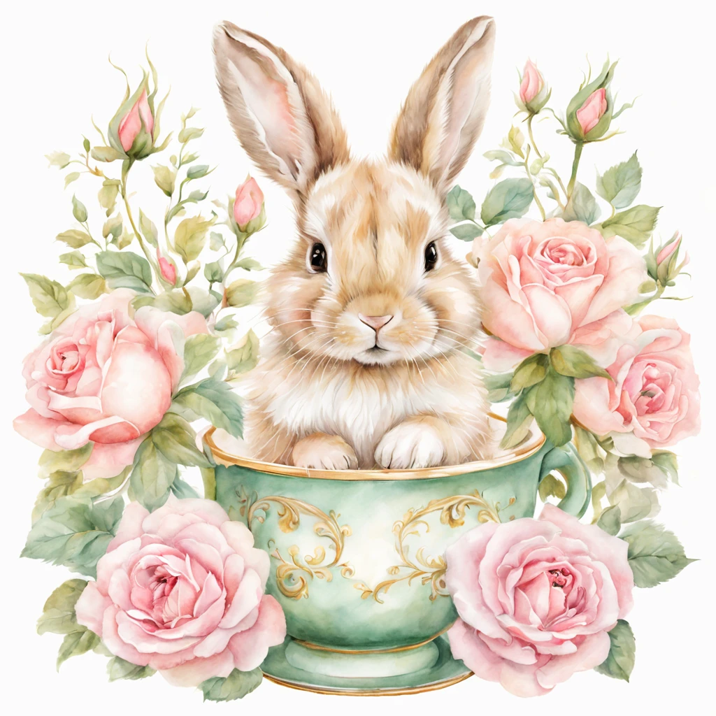 Beautiful cute  bunny sits in a cup, pink roses, flower garden, beautiful, baroque, ultra realistic, realistic watercolor+pencil, high octane, filigree, abstract background, green, beige, ivory, minty, gold