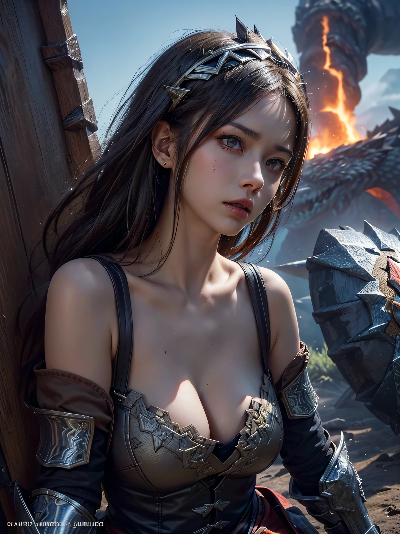 medium (shoulder-length:1.2) slicked-back [blue-black:.3] hair, (ung girl:1.2), blonde hair, (Ultra realistic, high res), (highly detailed eyes, highly detailed hair, highly detailed face, highly detailed plump lips), (off shoulder), breasts, upper body, (best quality:1.4), Raw photo, (realistic, photo-realistic:1.37), professional photography, cinematic light, (fine face: 1.2), gold, volcano, dinosaur, (battle, giant monster, giant sword, giant spear, giant shield, adventure, giant monster, Volcanic eruption, tough monster, creepy monsters:1.4), (girl monster hunter in armor, girl monster hunter:1.6), Flying sparks, terrible sights, Powerful photo illustration, Unimaginable, astonishing, 