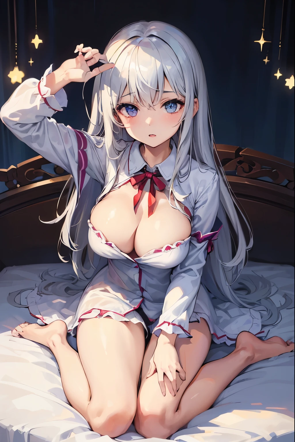 1girl, (masterpiece, best quality, high resolution, 4k), beauty,(((has both hands on her breasts, holds her breasts up))),((pov, shows her breasts to the viewer, dynamischer winkel, whole body visible)), sexy, cute,(White hair, lange haare, blaue augen, detalierte augen), ((Wears pajamas)), ((dreht ihren kopf leicht zur seite, is flushed)), ((sitzt auf einem bett, beide beine nach hinten gerichtet, beide beine angewinkelt)), big boobs
