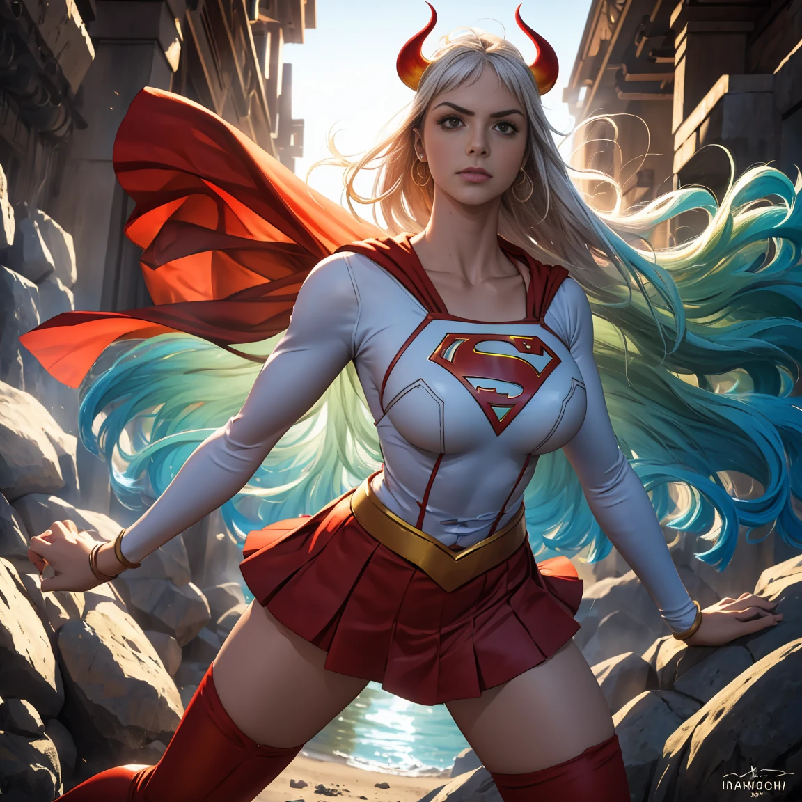 Detalhado cabelo branco longo,  tamanho de arquivo enorme, 1girl, demon girl, Superhero Supergirl, terno Supergirl, capa vermelha, S do super-homem no peito, blue swimsuit, Red skirt, botas vermelhas, ultra sexy hiper sedutora, (Desert Oasis:1.1), Rosto extremamente detalhado, Foto RAW, filmic grain, master part, UHD, HDR, skin pores, maquiagem sedutora escura requintada, delineador escuro, buffalo horn with red tips ((longos cabelos brancos)), ((seios muito firmes)), (((tonificado, Impeccable, encaixe, corpo perfeito e anatomia;))), ((Olhando para o Viewer)), ((hiper sedutor)), profundidade de campo, alto, sexy , realismo, VFX, Volumetric lighting, volumetric light, volumetric, natural lighting, Detalhado e intrincado,  Detalhes intrincados, quantidade absurda de detalhes, absurdos, high resolution, na cidade