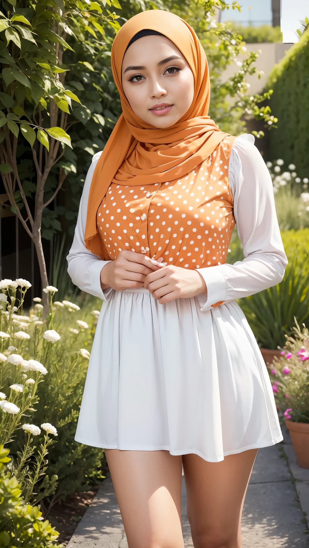 RAW, Best quality, high resolution, work: 1.3), Beautiful Malay woman in hijab,Perfect work, perfect fit body, Big breast,Beautiful big eyes, Soft smile, beautiful face, slightly open mouth, thick thighs, beautiful buttocks, woman in a polka dot blouse and white skirt, fancy top, cute top, puff sleeves, polkadots, hijab, beautiful clothes, casual modern clothing, wearing a blouse, wearing beautiful clothes, very beautiful style, white and orange, modern casual clothing, orange and white, polka dot, beautifull woman