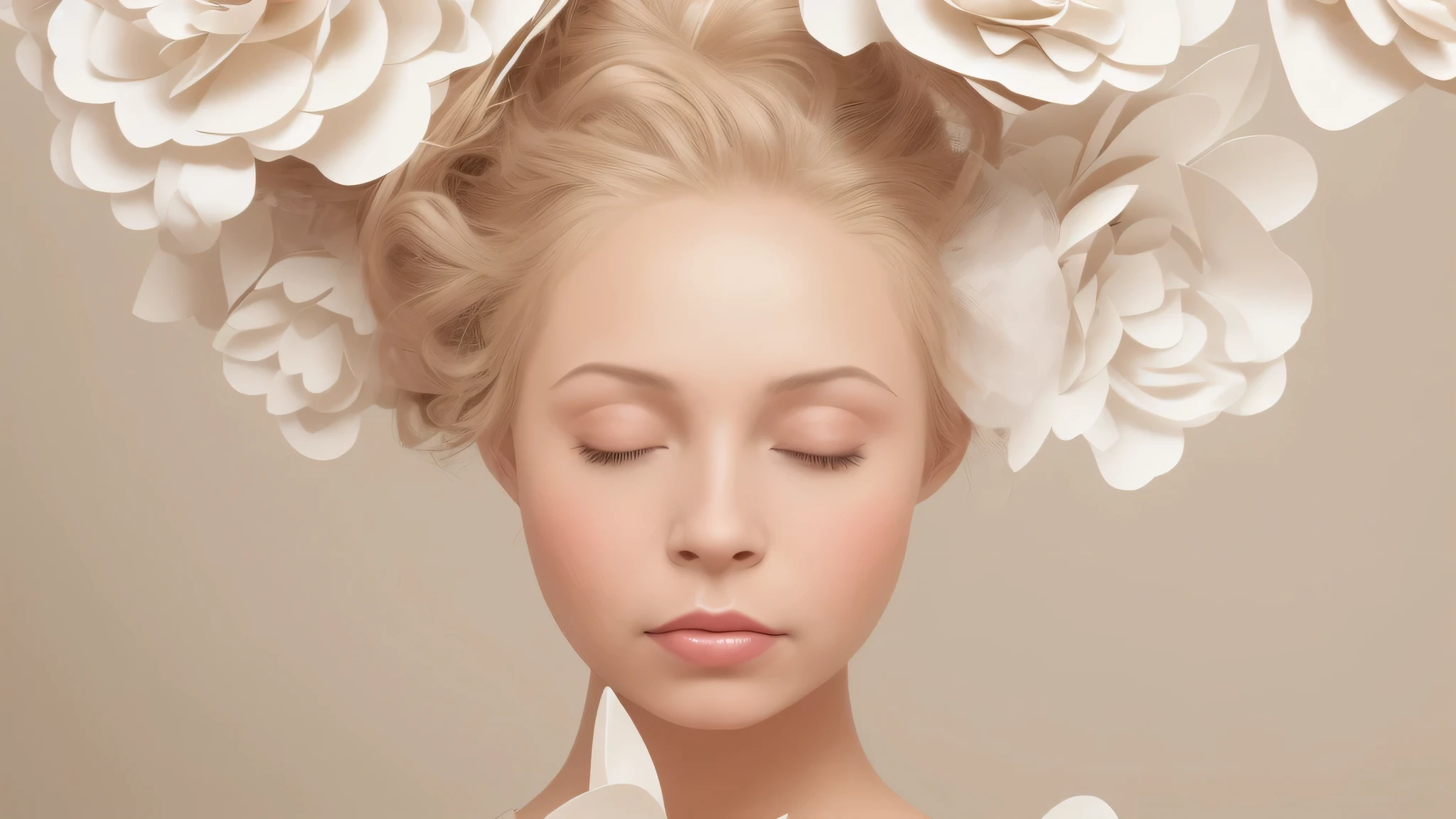 there is a woman with paper flowers on her head, beautiful retrato surreal, girl with a flower head, A feita de flores, Flor Borsi, retrato surreal, Perky woman made of petals, flower head, retrato de tempestade de flores, feito de flores, mulher jovem e bonita surreal, pele branca de porcelana, linda arte digital, retrato do surrealismo, Pele de porcelana branca