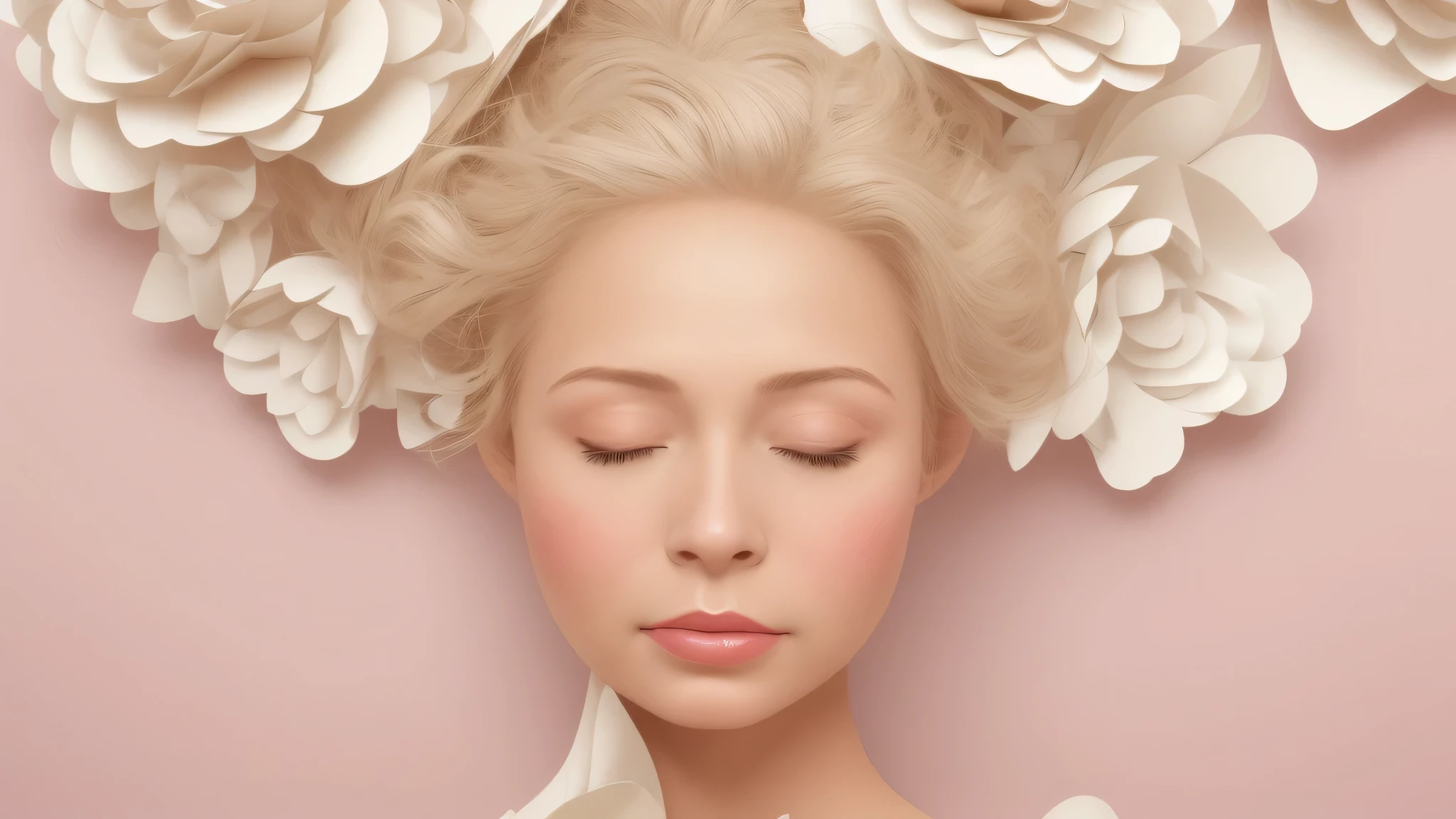there is a woman with paper flowers on her head, beautiful retrato surreal, girl with a flower head, A menina feita de flores, Flor Borsi, retrato surreal, Perky woman made of petals, flower head, retrato de tempestade de flores, feito de flores, mulher jovem e bonita surreal, pele branca de porcelana, linda arte digital, retrato do surrealismo, Pele de porcelana branca