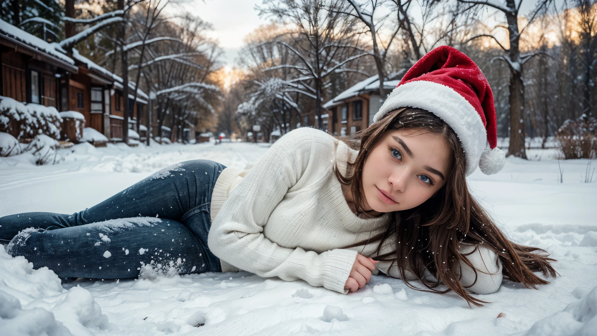 arafed woman laying on the snow, wearing leggings and a sweater, santa hat, winter boots, full body portrait, no makeup, natural face, sasha grey, sophie mudd, 18 years old, stunning closeupheadshot, madison beer girl, violet myers, she looks like a mix of grimes, very pretty model, arian mark, 8k resolution, very detailed image, blue eyes, winter, snowy day, nikon, cinematic, photo in poland, poland countryside, natural lighting, subsurface scattering, f2, 35mm, film grain,
