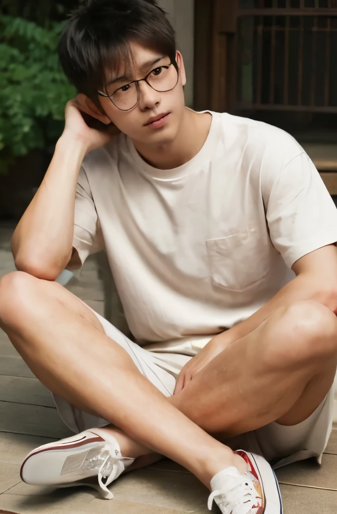 wearing converse, high resolution, A man in his late 20s sitting cross-legged and looking at his smartphone, Japanese, asia, wearing beige shorts, wearing a t-shirt, hairy legs, long muscular legs, black rimmed glasses